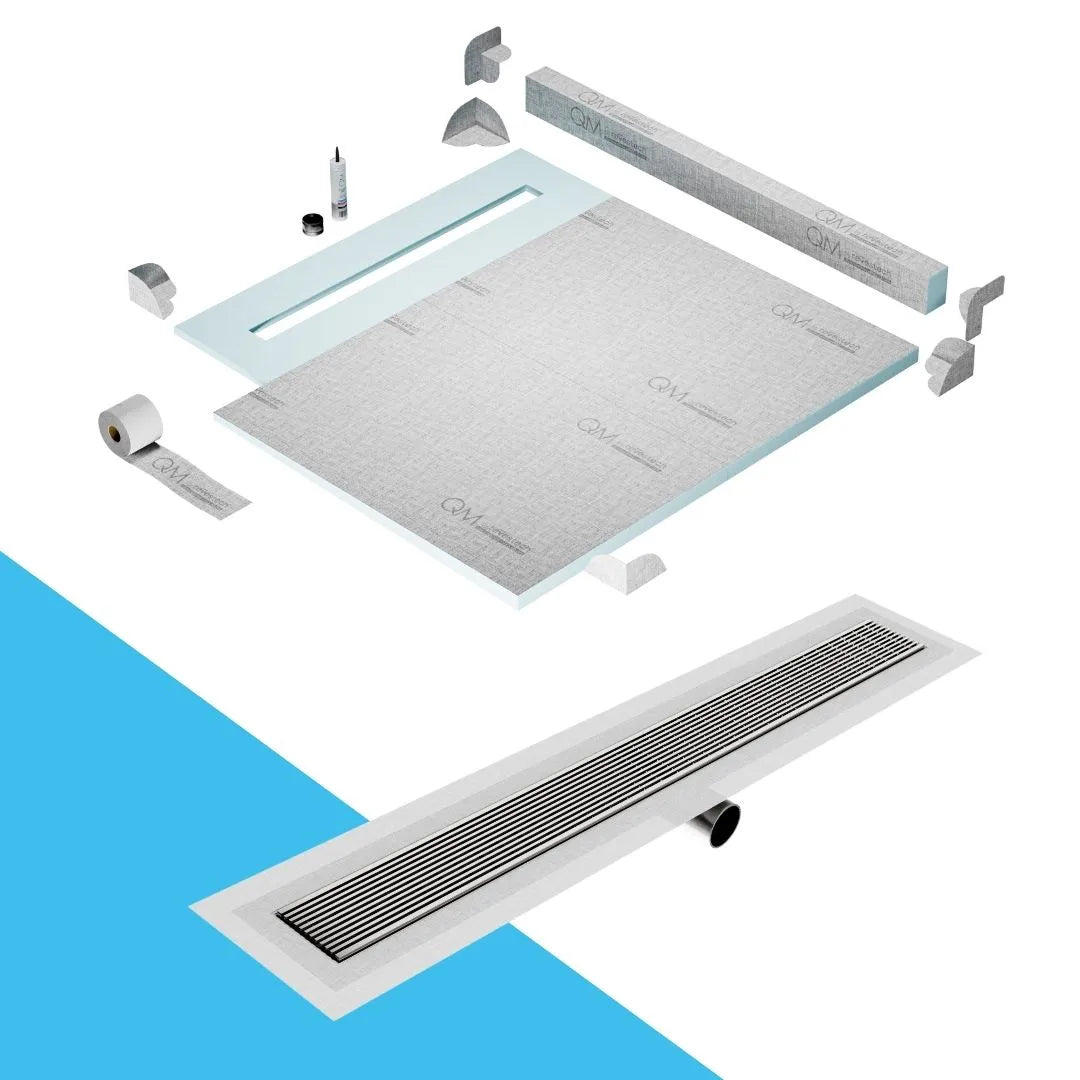 QM Drain Curb Shower Pan with Delmar Wedgewire Side Outlet Linear Drain, stainless-steel linear wedge-wire grate for efficient drainage and contemporary style, offered in, Gold, Bronze, Polished, and Black finishes.