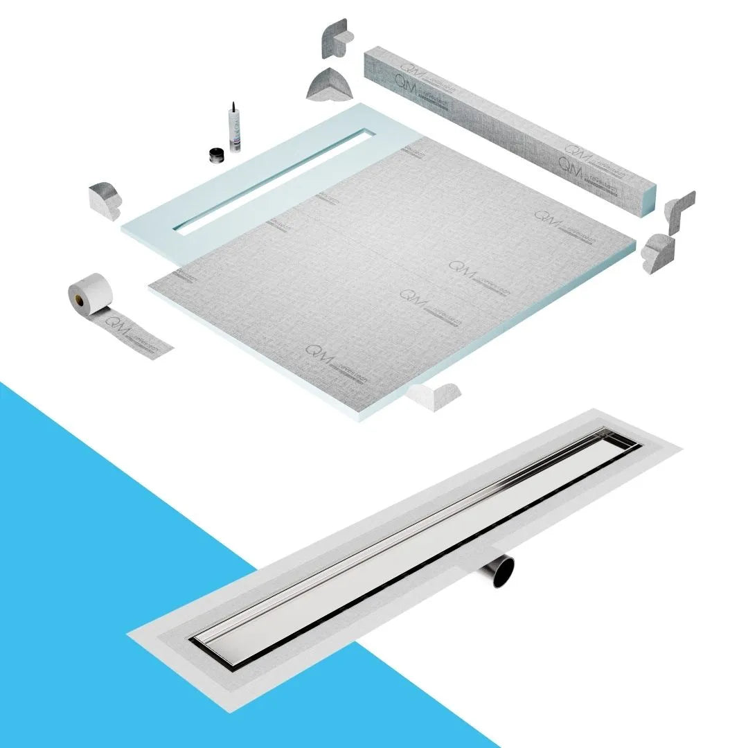 QM Drain Curb Shower Pan with Delmar Mist Tile-In Side Outlet Linear Drain, stainless-steel grate allowing seamless tile integration, 'mist' perforations, modern aesthetics, available in Satin, Gold, Bronze, Polished, and Black finishes.