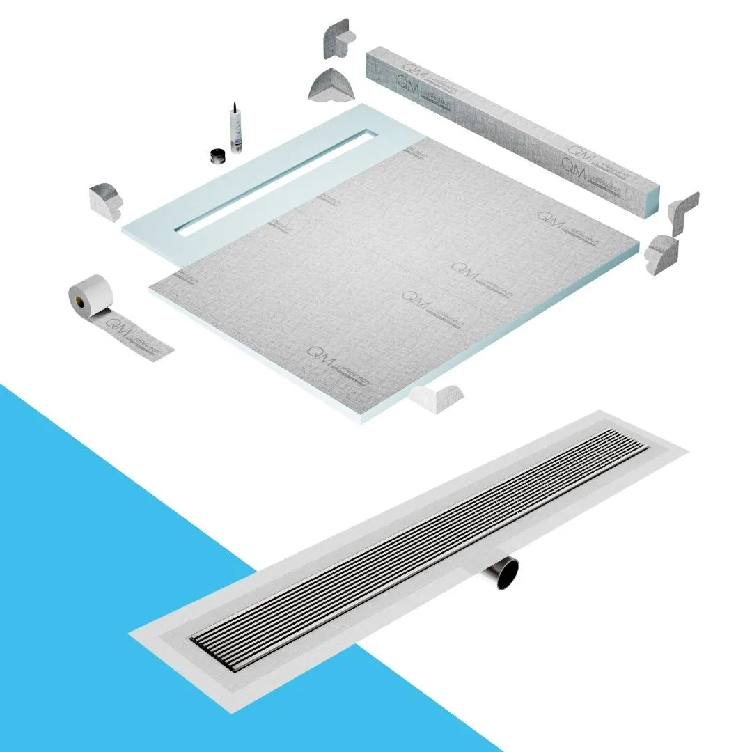 QM Drain Curb Shower Pan with Delmar Wedgewire Side Outlet Linear Drain, stainless-steel linear wedge-wire grate for efficient drainage and contemporary style, offered in, Gold, Bronze, Polished, and Black finishes.