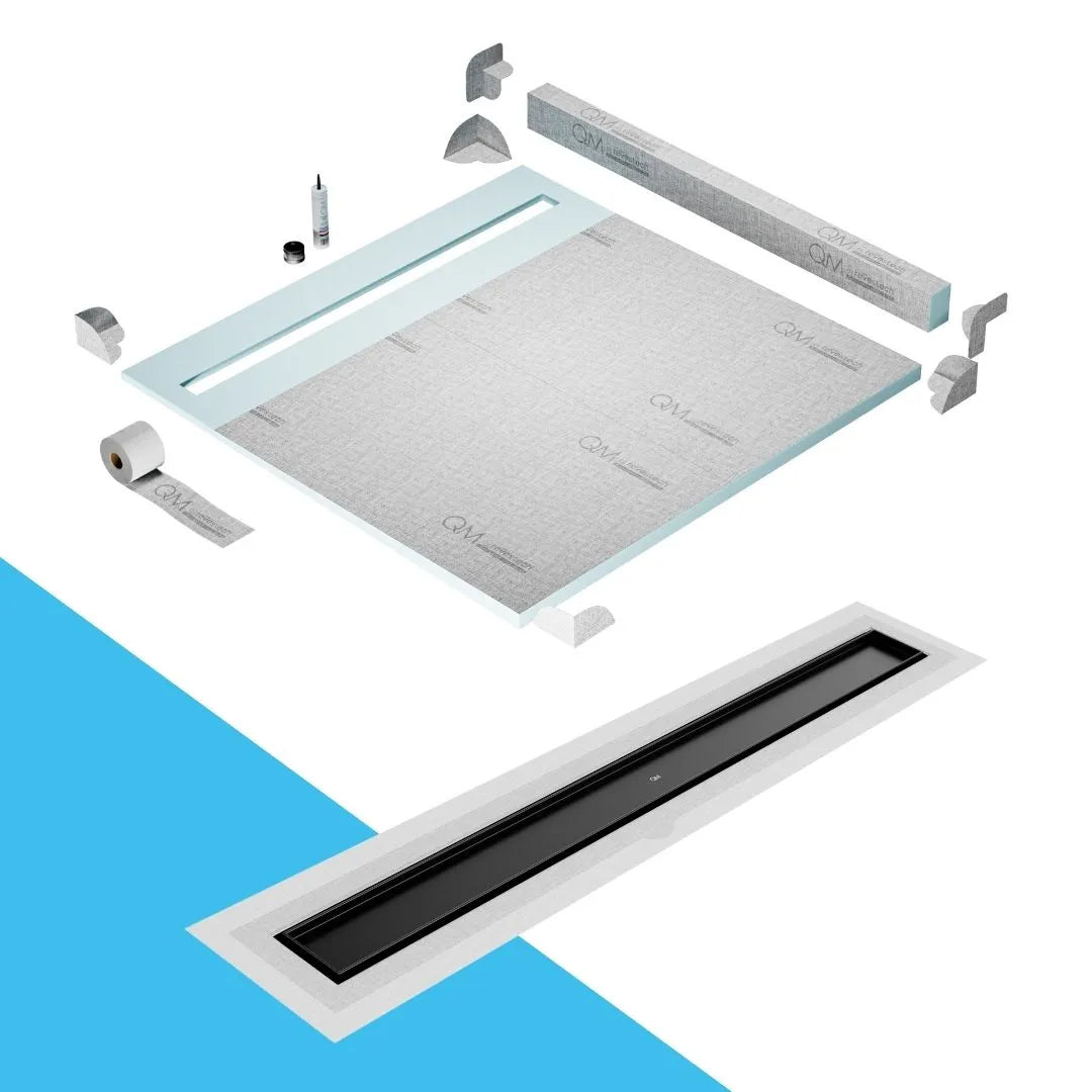 QM Drain Curb Shower Pan with Delmar Mist Tile-In Flange Edge Linear Drain, stainless-steel grate allowing seamless tile integration, featuring fine 'mist' perforations, integrated flange, minimalist aesthetics, offered in Satin, Gold, Bronze, Polished, and Black finishes.