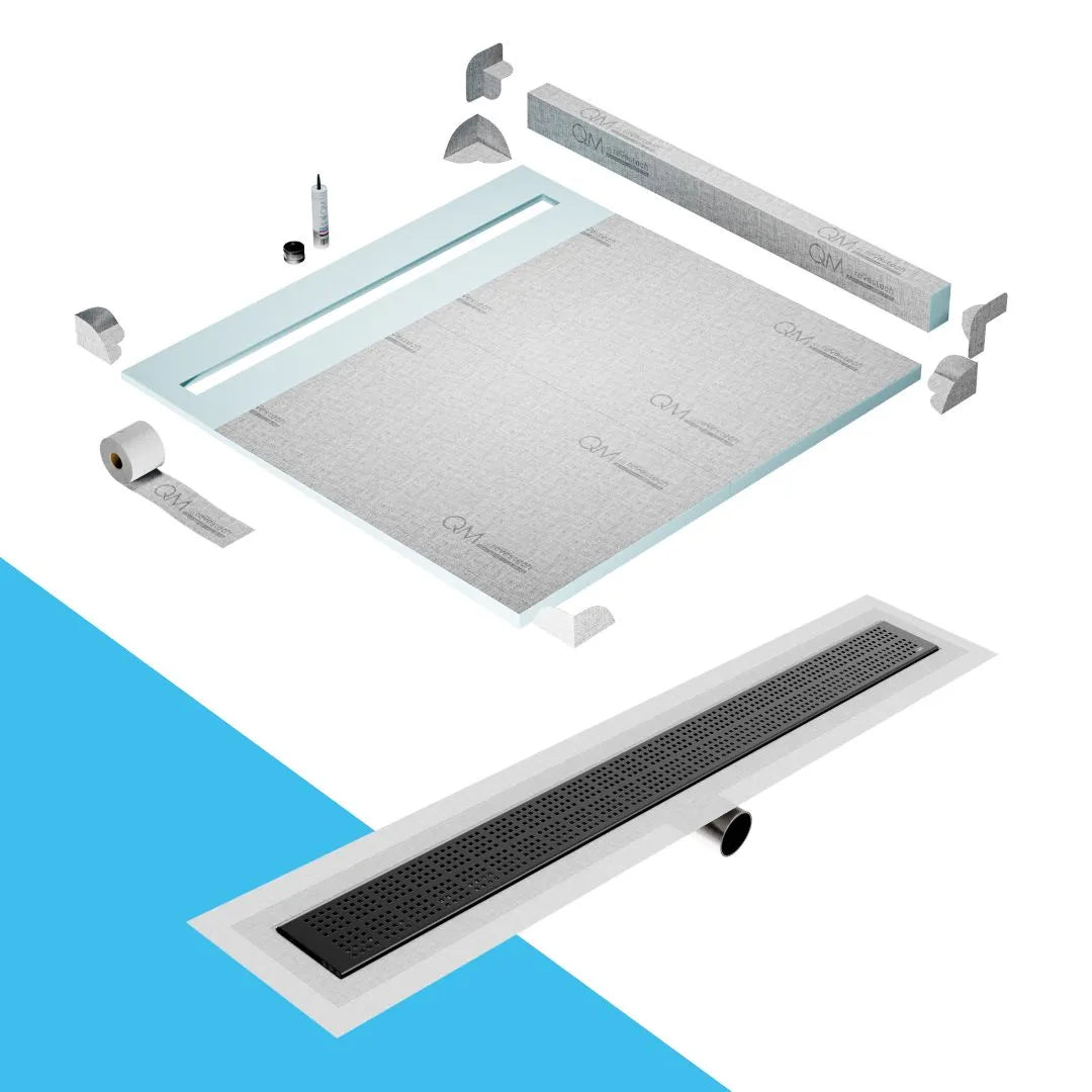 QM Drain Curb Shower Pan with Delmar Kai Side Outlet Linear Drain, featuring stainless-steel grate with modern square perforations, efficient drainage, available in Satin, Gold, Bronze, Polished, and Black finishes.