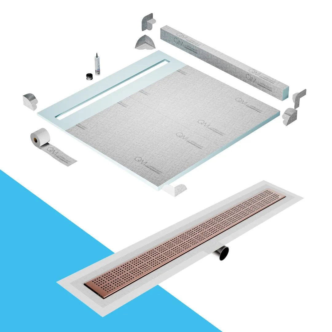QM Drain Curb Shower Pan with Delmar Delta Side Outlet Linear Drain, featuring stainless-steel grate with modern square perforations, efficient drainage, available in Satin, Gold, Bronze, Polished, and Black finishes.