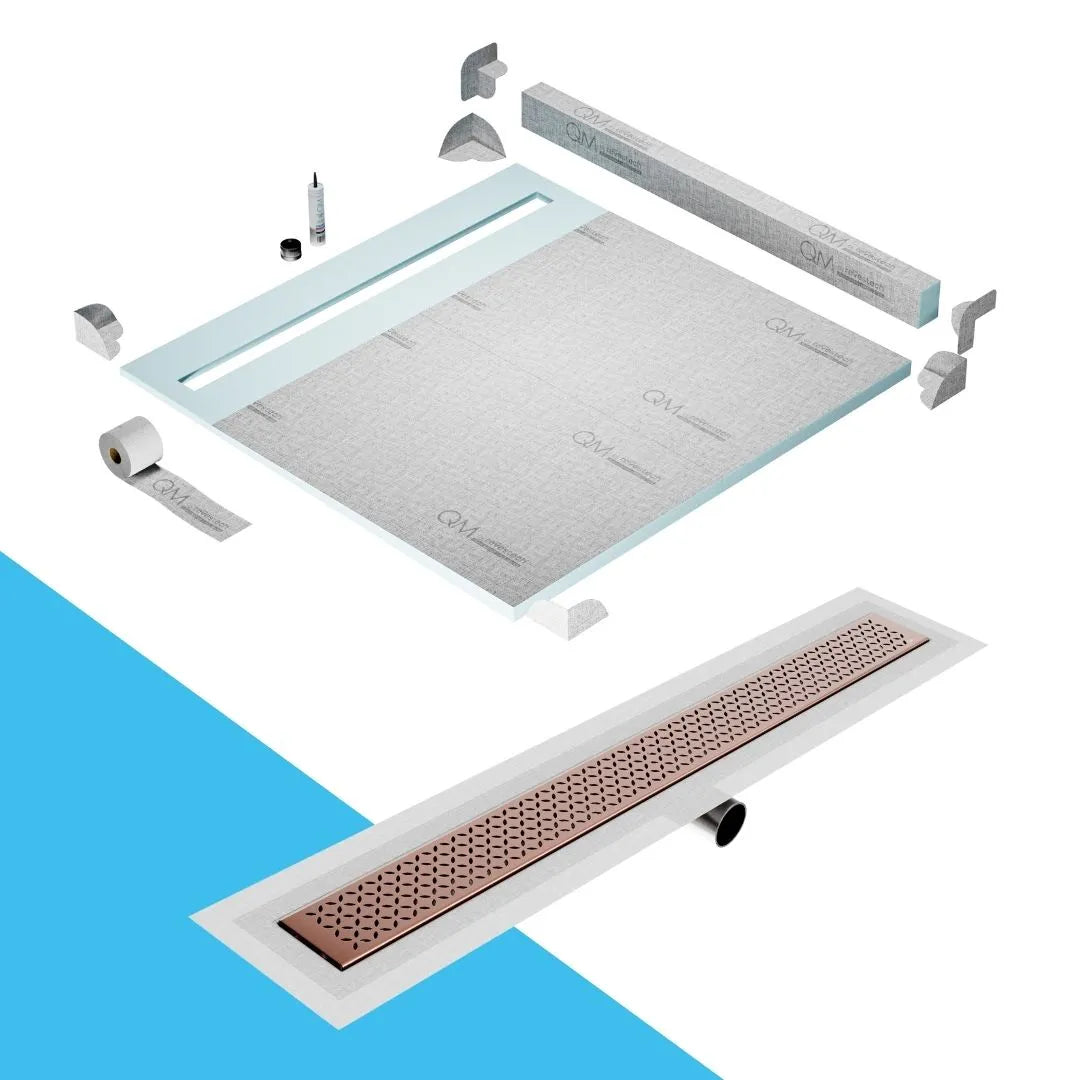QM Drain Curb Shower Pan with Delmar Lotus Side Outlet Linear Drain, stainless-steel decorative floral-pattern grate, ensuring efficient drainage, available in Satin, Gold, Bronze, Polished, and Black finishes.