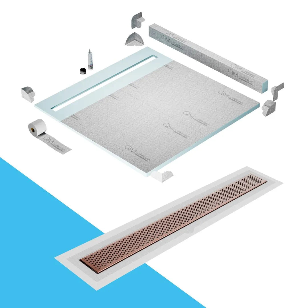 QM Drain Curb Shower Pan with Delmar Delta Flange Edge Linear Drain, stainless-steel grate featuring modern square perforations, efficient drainage with integrated flange, available in Gold, Bronze, Polished, and Black finishes.