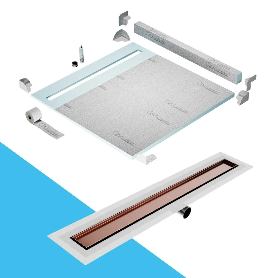QM Drain Curb Shower Pan with Delmar Mist Tile-In Flange Edge Linear Drain, stainless-steel grate allowing seamless tile integration, featuring fine 'mist' perforations, integrated flange, minimalist aesthetics, offered in Satin, Gold, Bronze, Polished, and Black finishes.