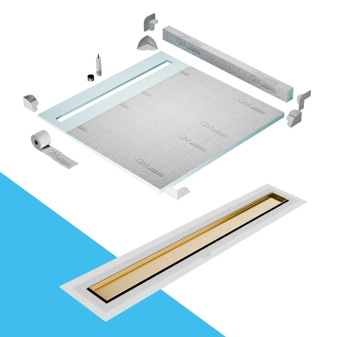 QM Drain Curb Shower Pan with Delmar Mist Tile-In Flange Edge Linear Drain, stainless-steel grate allowing seamless tile integration, featuring fine 'mist' perforations, integrated flange, minimalist aesthetics, offered in Satin, Gold, Bronze, Polished, and Black finishes.