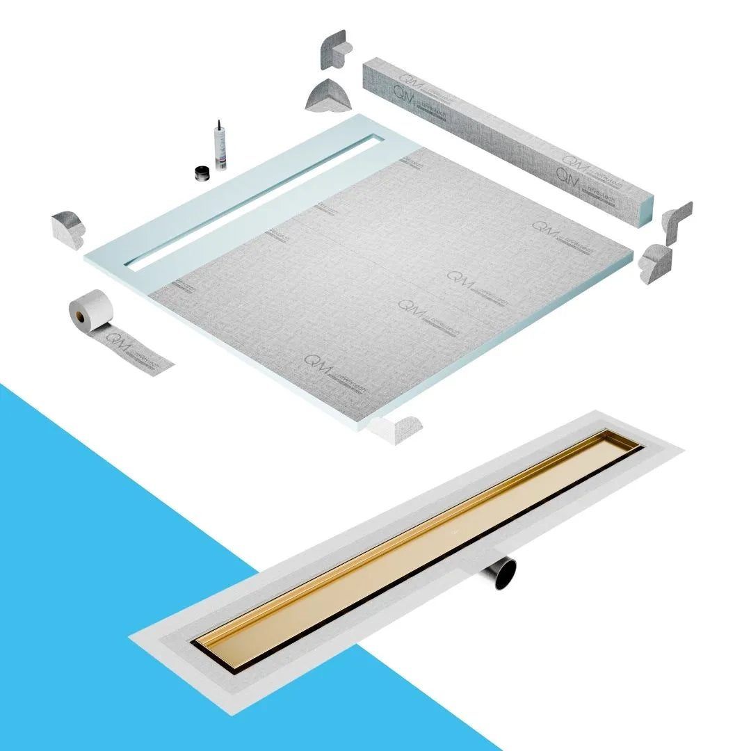 QM Drain Curb Shower Pan with Delmar Mist Tile-In Side Outlet Linear Drain, stainless-steel grate allowing seamless tile integration, 'mist' perforations, modern aesthetics, available in Satin, Gold, Bronze, Polished, and Black finishes.