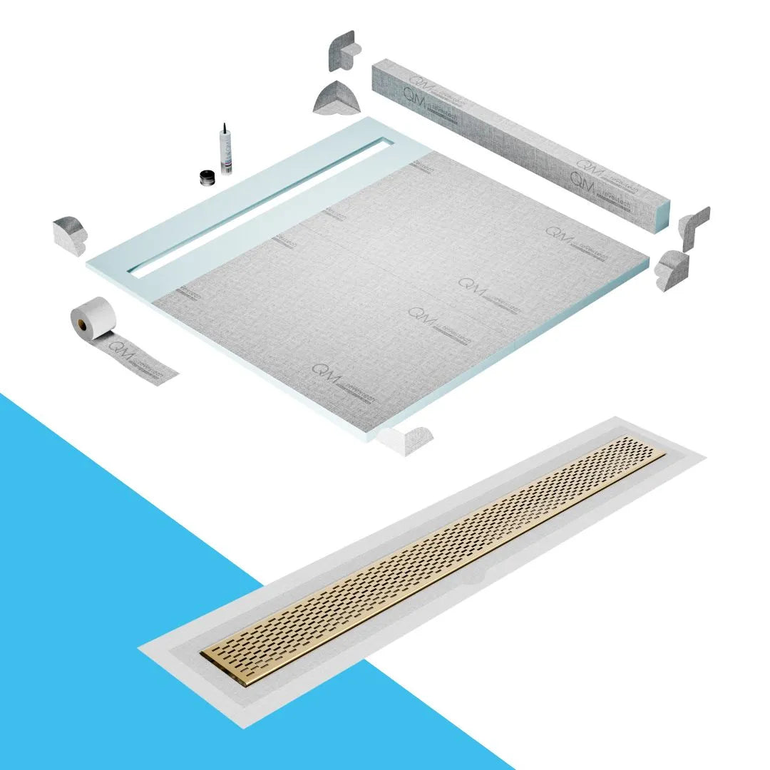 QM Drain Curb Shower Pan with Delmar Delta Flange Edge Linear Drain, stainless-steel grate featuring modern square perforations, efficient drainage with integrated flange, available in Gold, Bronze, Polished, and Black finishes.