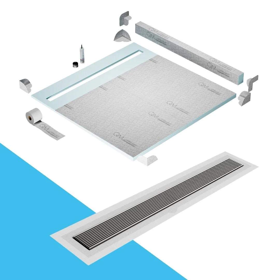 QM Drain Curb Shower Pan with Delmar Wedgewire Flange Edge Linear Drain, stainless-steel grate featuring linear wedge-wire design, integrated flange for efficient water drainage, contemporary style, available in Satin, Gold, Bronze, Polished, and Black finishes.