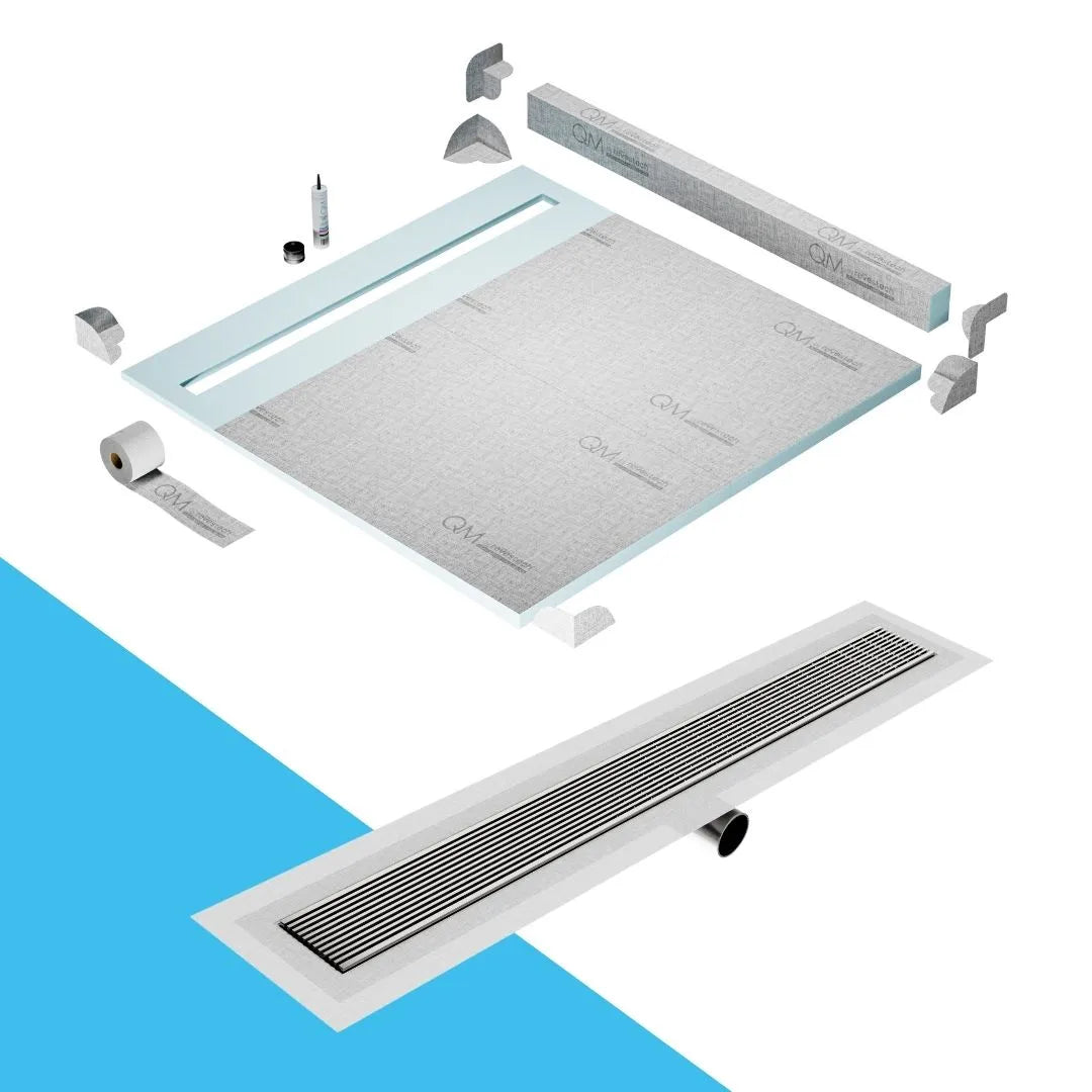 QM Drain Curb Shower Pan with Delmar Wedgewire Side Outlet Linear Drain, stainless-steel linear wedge-wire grate for efficient drainage and contemporary style, offered in, Gold, Bronze, Polished, and Black finishes.