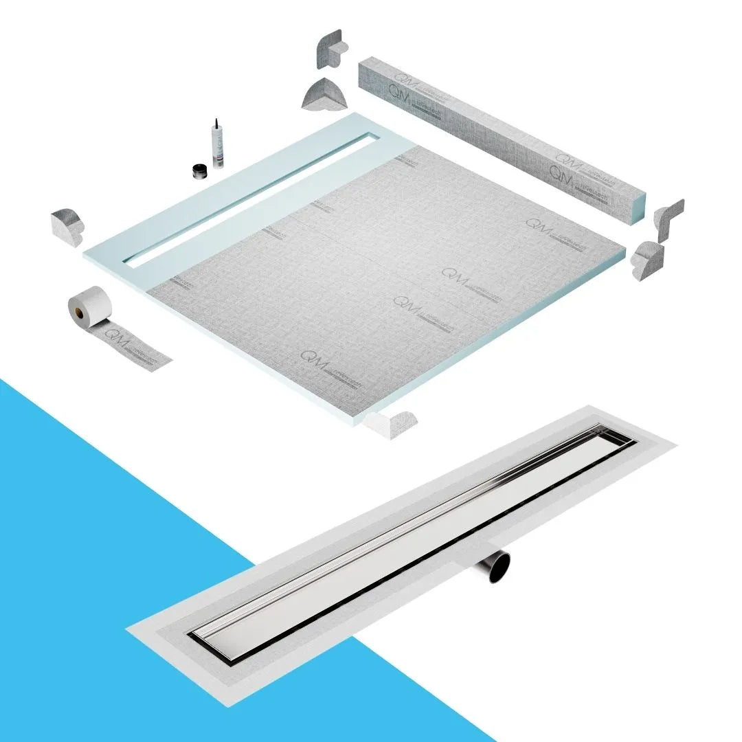 QM Drain Curb Shower Pan with Delmar Mist Tile-In Side Outlet Linear Drain, stainless-steel grate allowing seamless tile integration, 'mist' perforations, modern aesthetics, available in Satin, Gold, Bronze, Polished, and Black finishes.