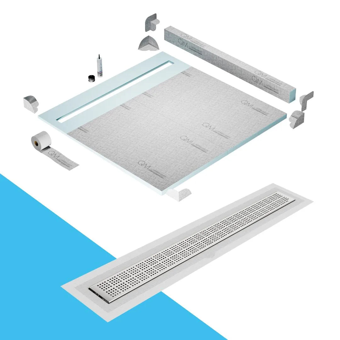 QM Drain Curb Shower Pan with Delmar Kai Flange Edge Linear Drain, stainless-steel grate with subtle square perforations, integrated flange, contemporary design, effective water drainage, available in Satin, Gold, Bronze, Polished, and Black finishes.