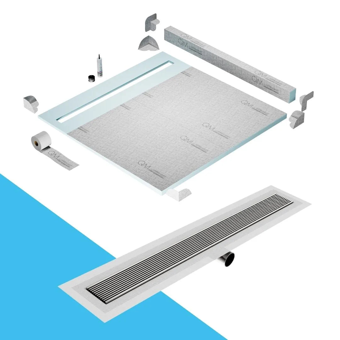 QM Drain Curb Shower Pan with Delmar Wedgewire Side Outlet Linear Drain, stainless-steel linear wedge-wire grate for efficient drainage and contemporary style, offered in, Gold, Bronze, Polished, and Black finishes.