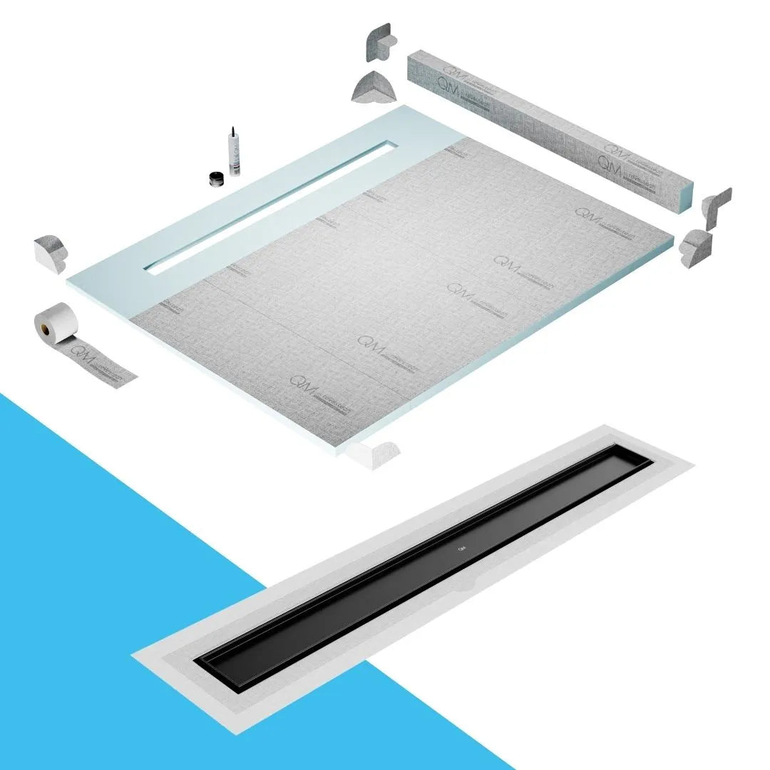 QM Drain Curb Shower Pan with Delmar Mist Tile-In Flange Edge Linear Drain, stainless-steel grate allowing seamless tile integration, featuring fine 'mist' perforations, integrated flange, minimalist aesthetics, offered in Satin, Gold, Bronze, Polished, and Black finishes.
