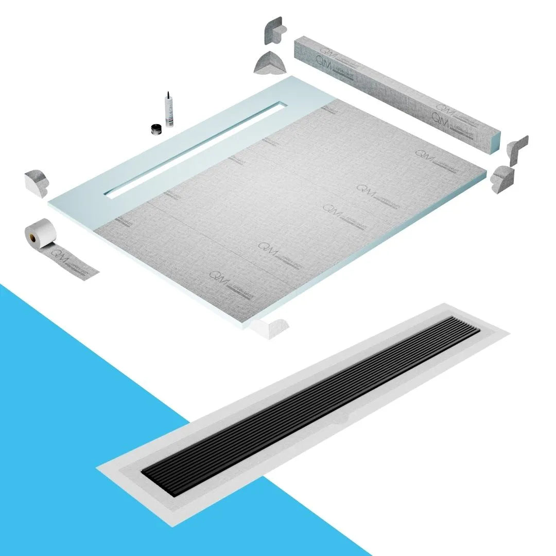 QM Drain Curb Shower Pan with Delmar Wedgewire Flange Edge Linear Drain, stainless-steel grate featuring linear wedge-wire design, integrated flange for efficient water drainage, contemporary style, available in Satin, Gold, Bronze, Polished, and Black finishes.