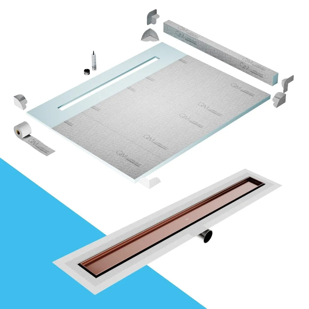 QM Drain Curb Shower Pan with Delmar Mist Tile-In Side Outlet Linear Drain, stainless-steel grate allowing seamless tile integration, 'mist' perforations, modern aesthetics, available in Satin, Gold, Bronze, Polished, and Black finishes.