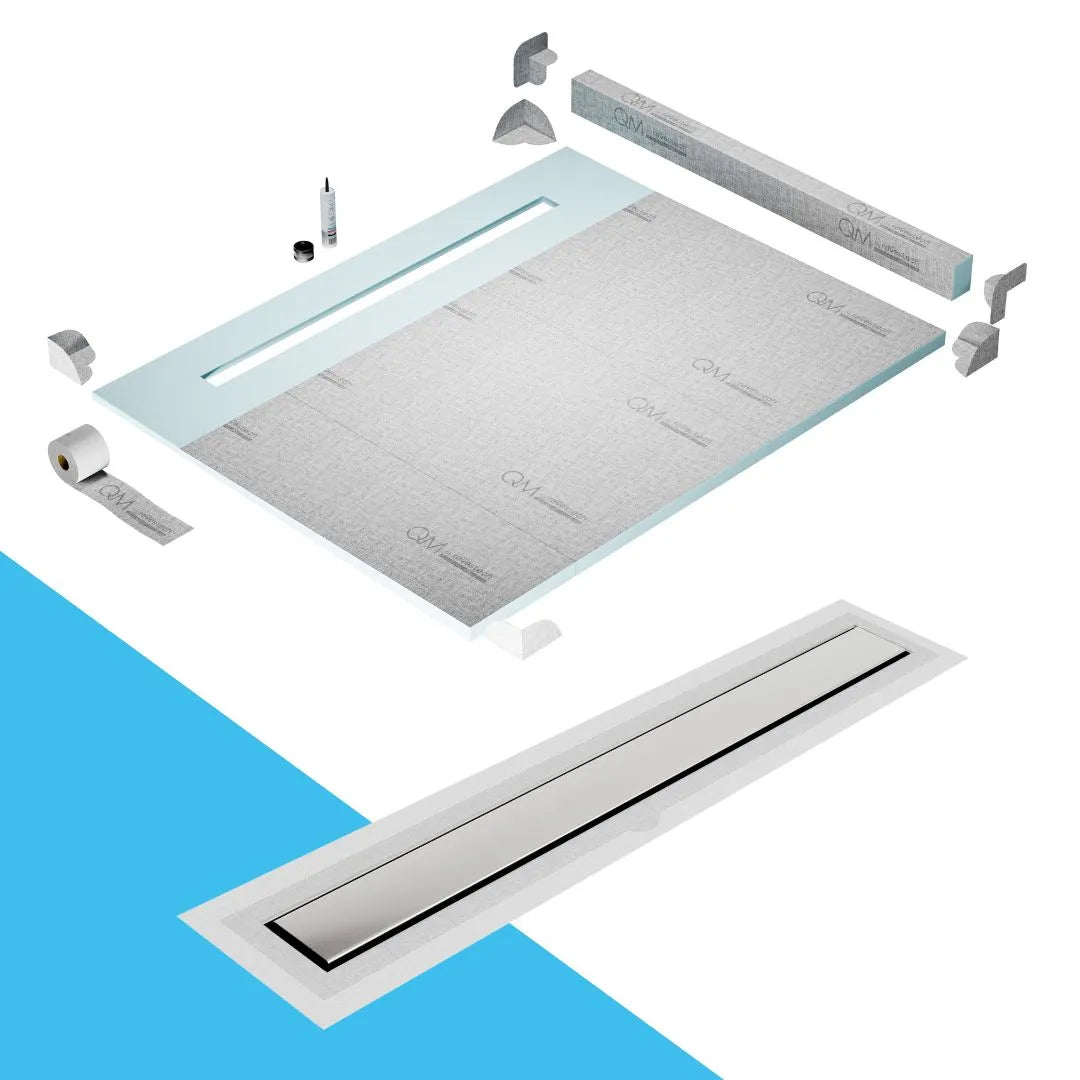 QM Drain Prefab Shower Pan Kit with Curb paired with Mist (Tile-In) Linear Drain CurbKit 80 in Frameless Flange Edge finish. This system provides seamless tile integration, efficient water drainage, and a sleek frameless design, perfect for luxury shower installations with a modern curb and flange edge configuration.