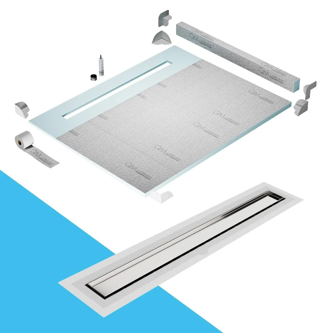 QM Drain Curb Shower Pan with Delmar Mist Tile-In Flange Edge Linear Drain, stainless-steel grate allowing seamless tile integration, featuring fine 'mist' perforations, integrated flange, minimalist aesthetics, offered in Satin, Gold, Bronze, Polished, and Black finishes.