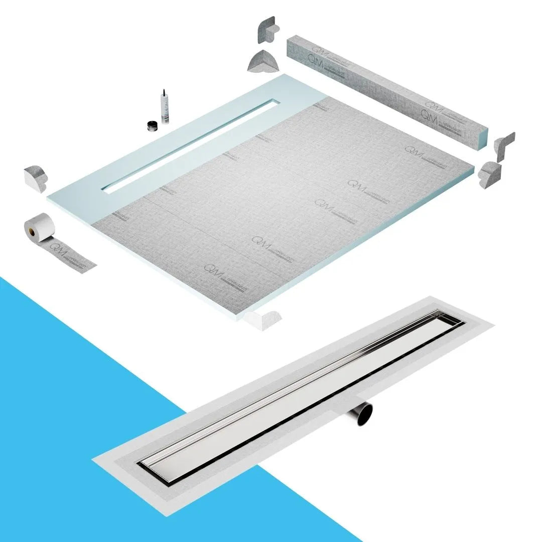 QM Drain Curb Shower Pan with Delmar Mist Tile-In Side Outlet Linear Drain, stainless-steel grate allowing seamless tile integration, 'mist' perforations, modern aesthetics, available in Satin, Gold, Bronze, Polished, and Black finishes.