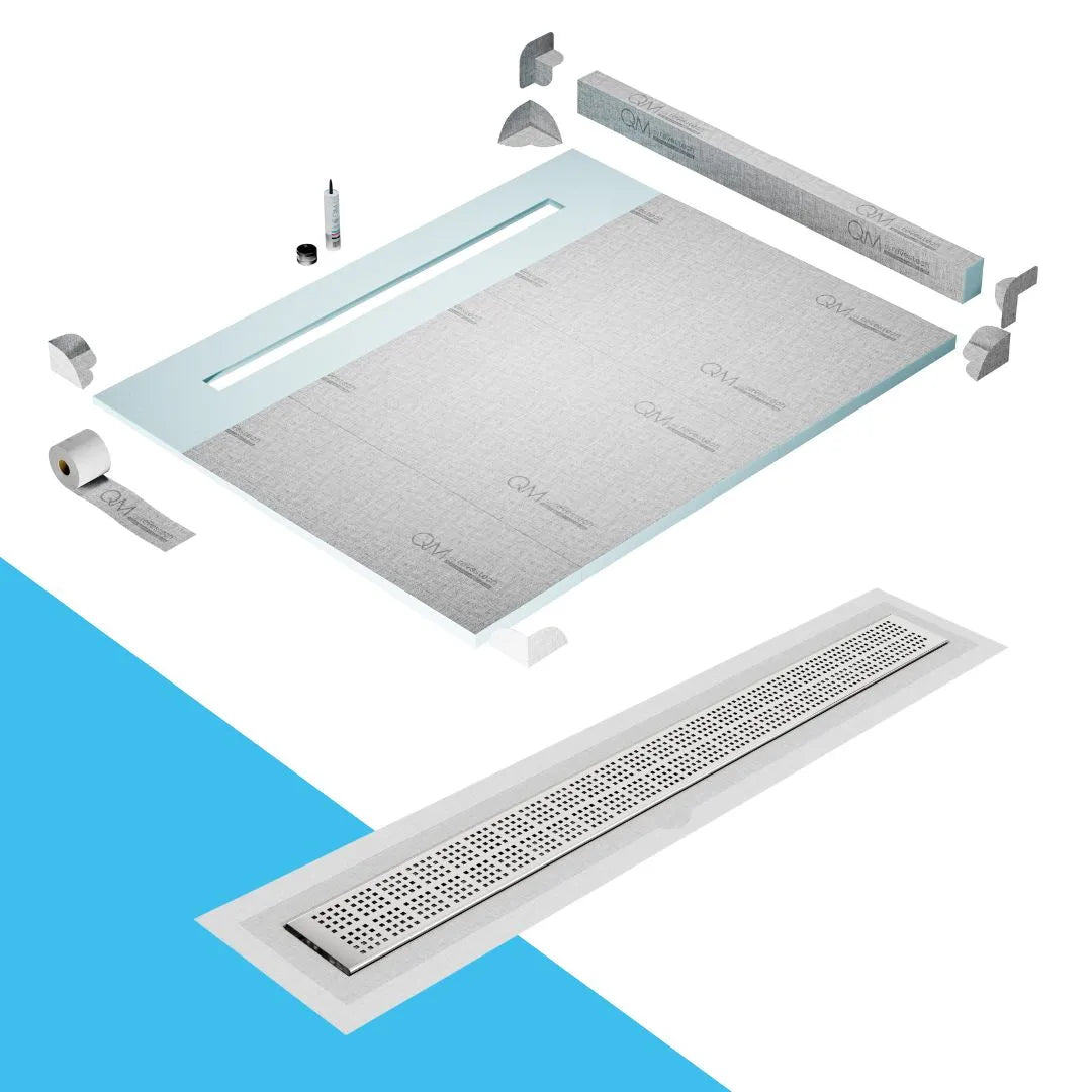 QM Drain Curb Shower Pan with Delmar Kai Flange Edge Linear Drain, stainless-steel grate with subtle square perforations, integrated flange, contemporary design, effective water drainage, available in Satin, Gold, Bronze, Polished, and Black finishes.