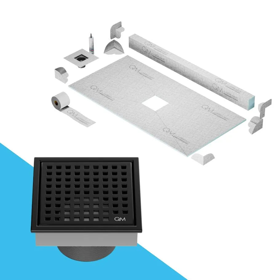 QM Drain Curb Shower Pan with Lagos Mira Center Square Drain, stainless-steel fine-perforated grate, providing effective water drainage, contemporary design, available in Satin, Gold, Bronze, Polished, and Black.