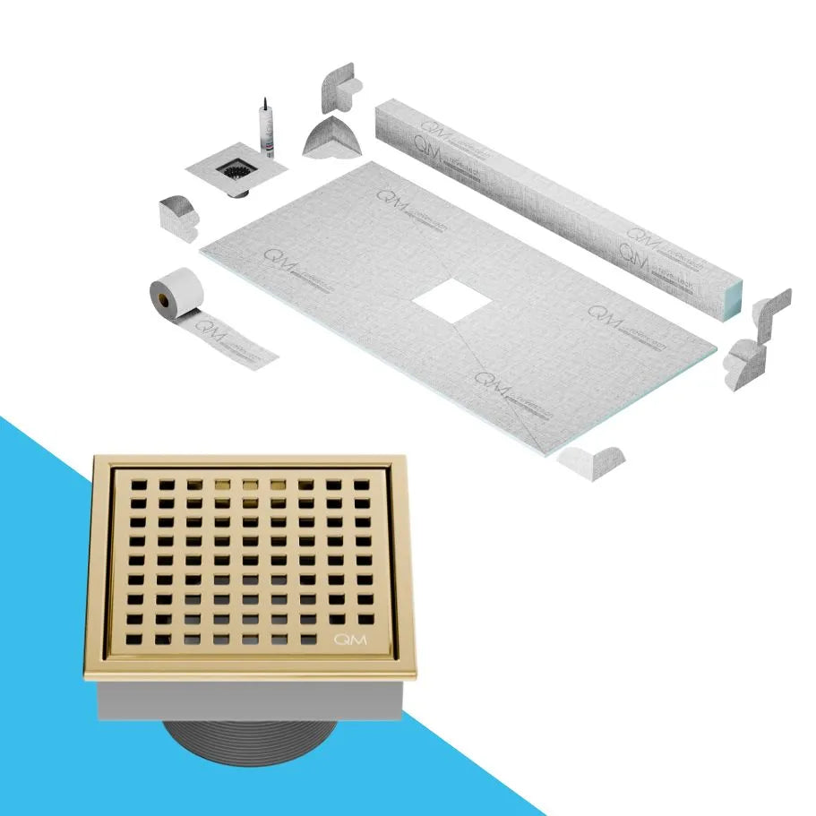 QM Drain Curb Shower Pan with Lagos Mira Center Square Drain, stainless-steel fine-perforated grate, providing effective water drainage, contemporary design, available in Satin, Gold, Bronze, Polished, and Black.
