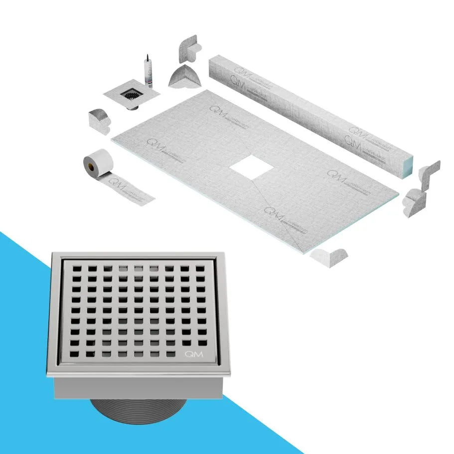 QM Drain Curb Shower Pan with Lagos Mira Center Square Drain, stainless-steel fine-perforated grate, providing effective water drainage, contemporary design, available in Satin, Gold, Bronze, Polished, and Black.