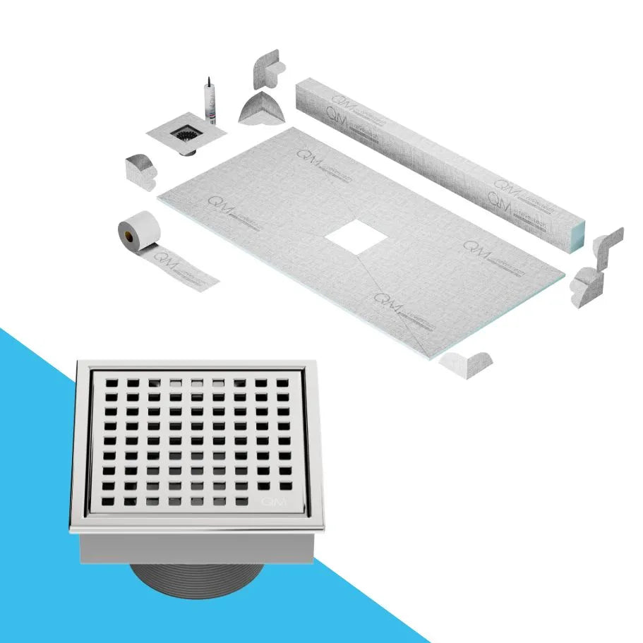 QM Drain Curb Shower Pan with Lagos Mira Center Square Drain, stainless-steel fine-perforated grate, providing effective water drainage, contemporary design, available in Satin, Gold, Bronze, Polished, and Black.