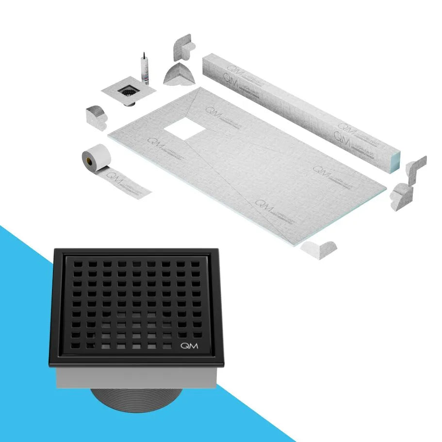 QM Drain Curb Shower Pan with Lagos Mira Off-Center Square Drain, stainless-steel perforated grate, contemporary design, ensuring efficient drainage, offered in Satin, Gold, Bronze, Polished, and Black finishes.