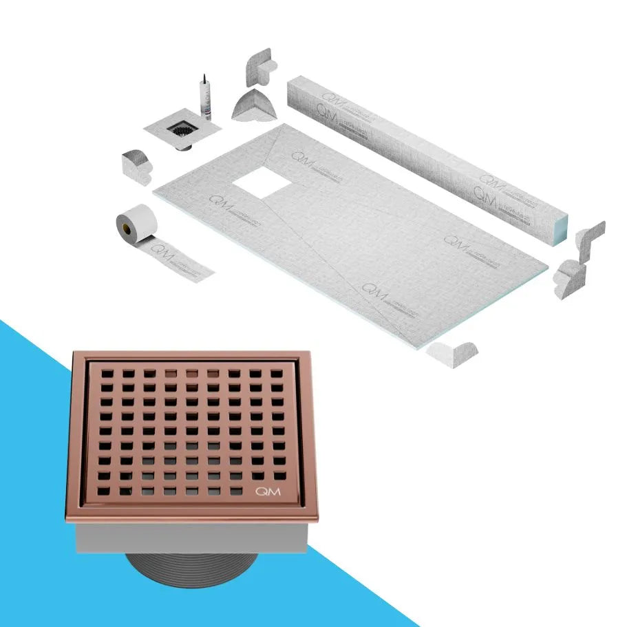 QM Drain Curb Shower Pan with Lagos Mira Off-Center Square Drain, stainless-steel perforated grate, contemporary design, ensuring efficient drainage, offered in Satin, Gold, Bronze, Polished, and Black finishes.