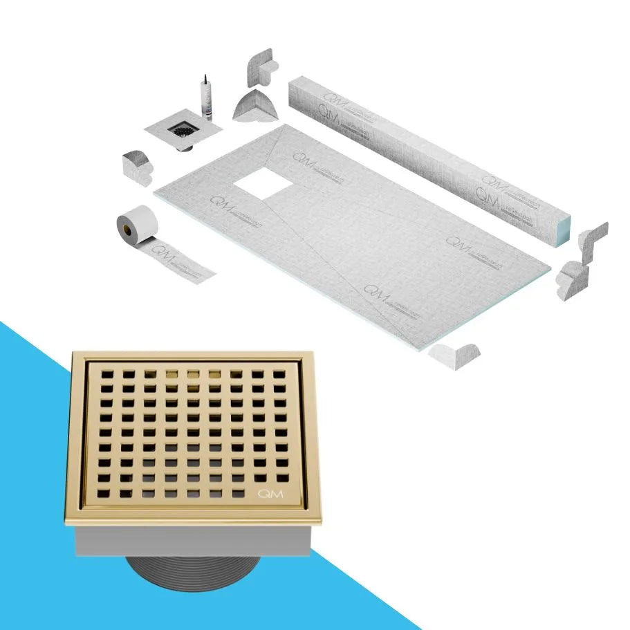 QM Drain Curb Shower Pan with Lagos Mira Off-Center Square Drain, stainless-steel perforated grate, contemporary design, ensuring efficient drainage, offered in Satin, Gold, Bronze, Polished, and Black finishes.