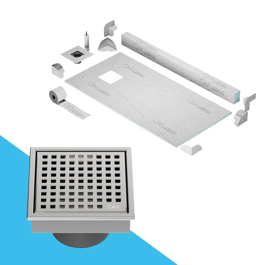 QM Drain Curb Shower Pan with Lagos Mira Off-Center Square Drain, stainless-steel perforated grate, contemporary design, ensuring efficient drainage, offered in Satin, Gold, Bronze, Polished, and Black finishes.