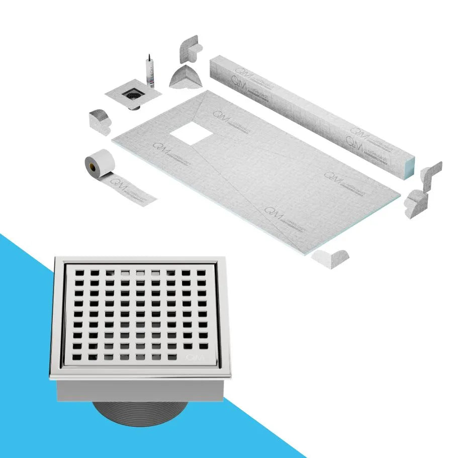 QM Drain Curb Shower Pan with Lagos Mira Off-Center Square Drain, stainless-steel perforated grate, contemporary design, ensuring efficient drainage, offered in Satin, Gold, Bronze, Polished, and Black finishes.