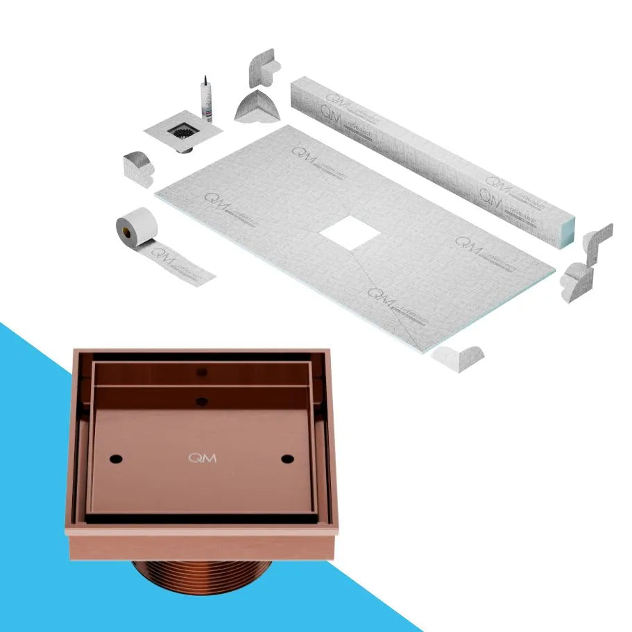 QM Drain Curb Shower Pan with Delmar Mist Tile-In Center Square Drain, allowing seamless tile integration into its stainless-steel 'mist' perforated grate, ideal for minimalist bathroom designs, in Satin, Gold, Bronze, Polished, and Black.
