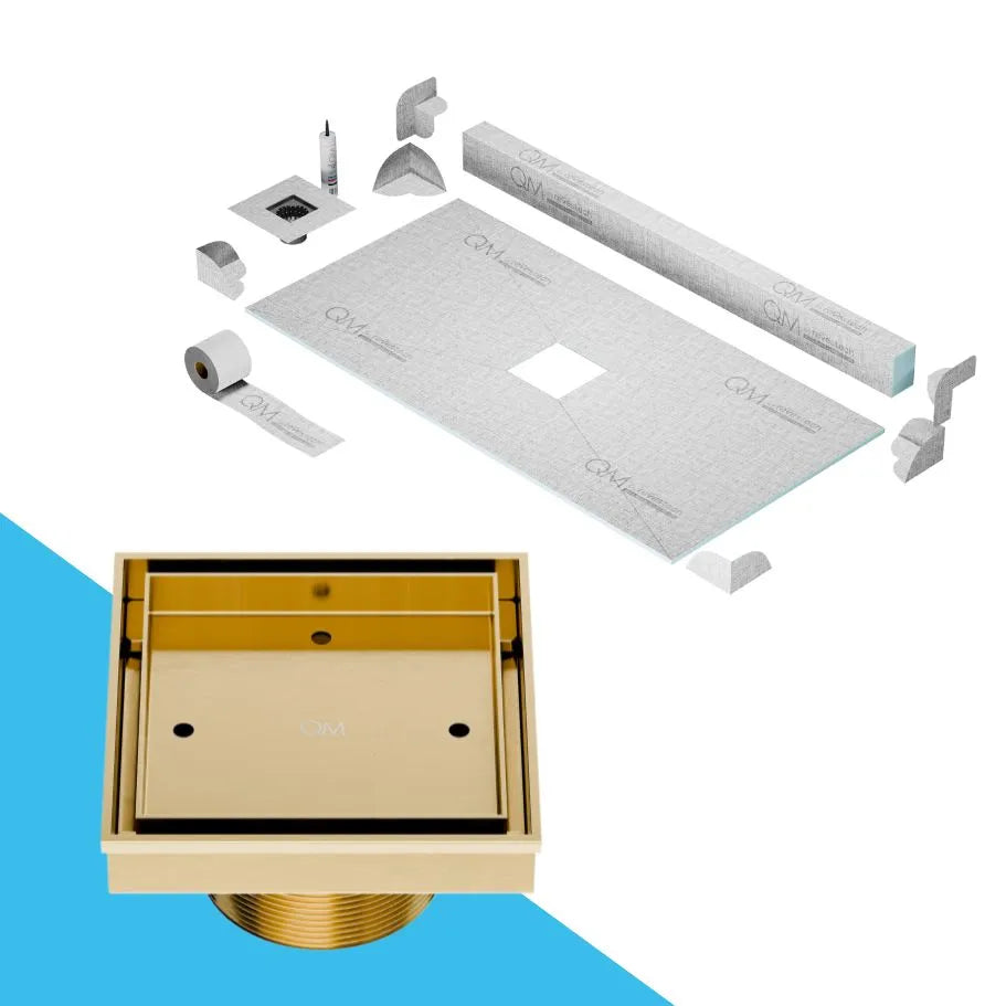 QM Drain Curb Shower Pan with Delmar Mist Tile-In Center Square Drain, allowing seamless tile integration into its stainless-steel 'mist' perforated grate, ideal for minimalist bathroom designs, in Satin, Gold, Bronze, Polished, and Black.