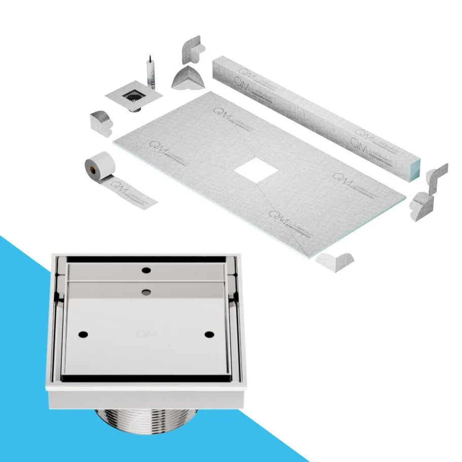 QM Drain Curb Shower Pan with Delmar Mist Tile-In Center Square Drain, allowing seamless tile integration into its stainless-steel 'mist' perforated grate, ideal for minimalist bathroom designs, in Satin, Gold, Bronze, Polished, and Black.