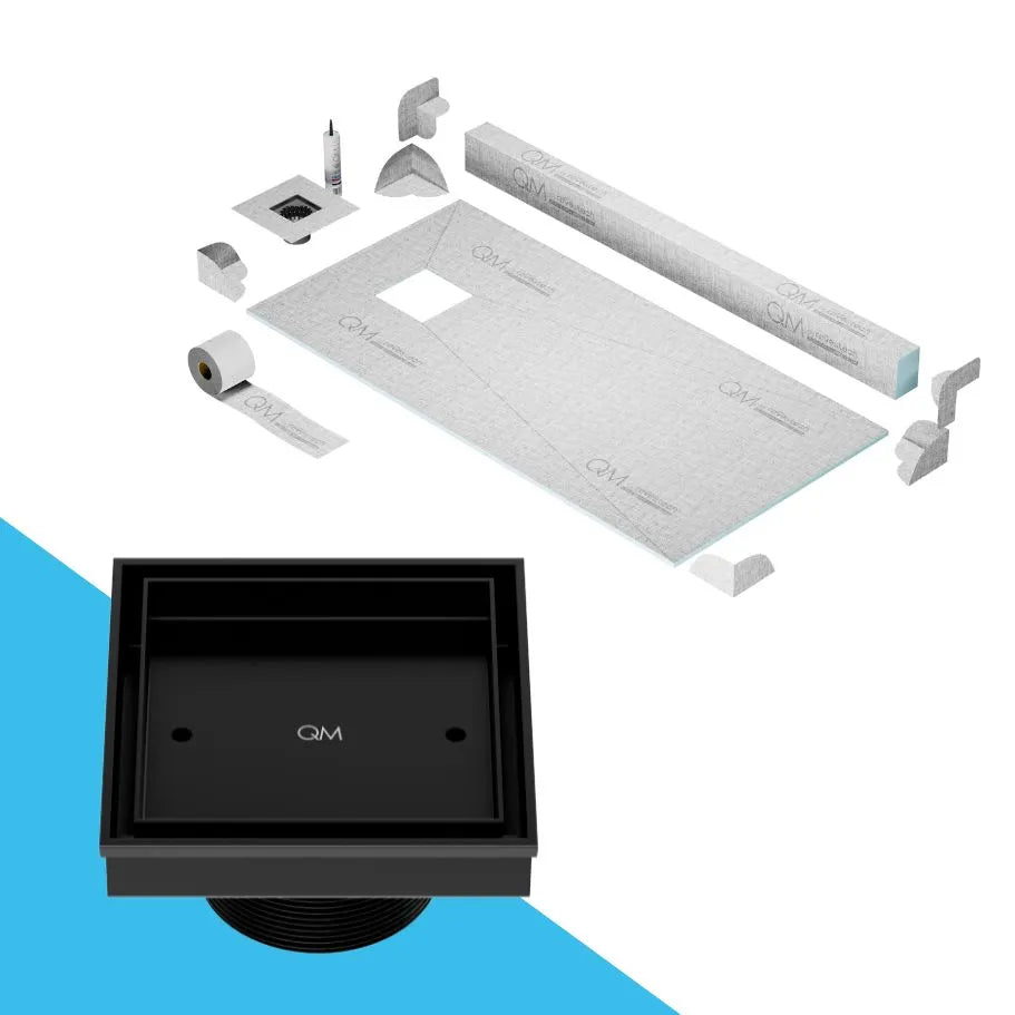 QM Drain Curb Shower Pan with Delmar Mist Tile-In Off-Center Square Drain, stainless-steel grate integrating bathroom tile seamlessly, minimalist aesthetics, available in Satin, Gold, Bronze, Polished, and Black.