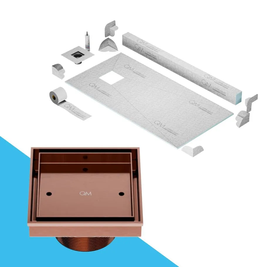 QM Drain Curb Shower Pan with Delmar Mist Tile-In Off-Center Square Drain, stainless-steel grate integrating bathroom tile seamlessly, minimalist aesthetics, available in Satin, Gold, Bronze, Polished, and Black.