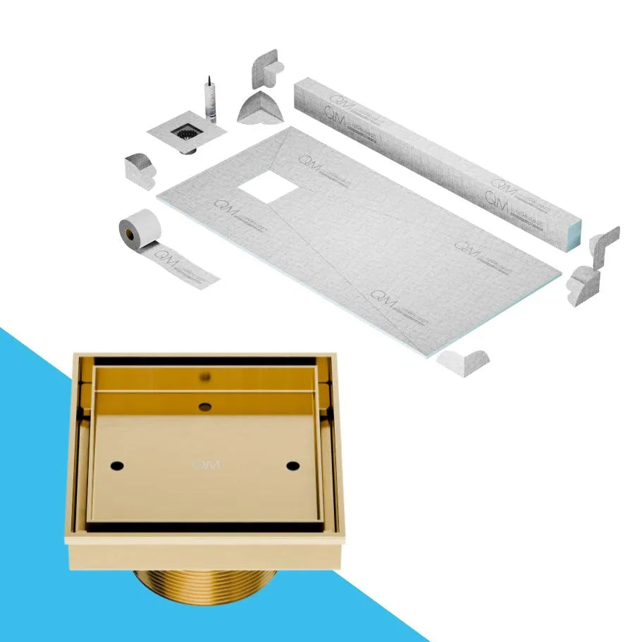 QM Drain Curb Shower Pan with Delmar Mist Tile-In Off-Center Square Drain, stainless-steel grate integrating bathroom tile seamlessly, minimalist aesthetics, available in Satin, Gold, Bronze, Polished, and Black.