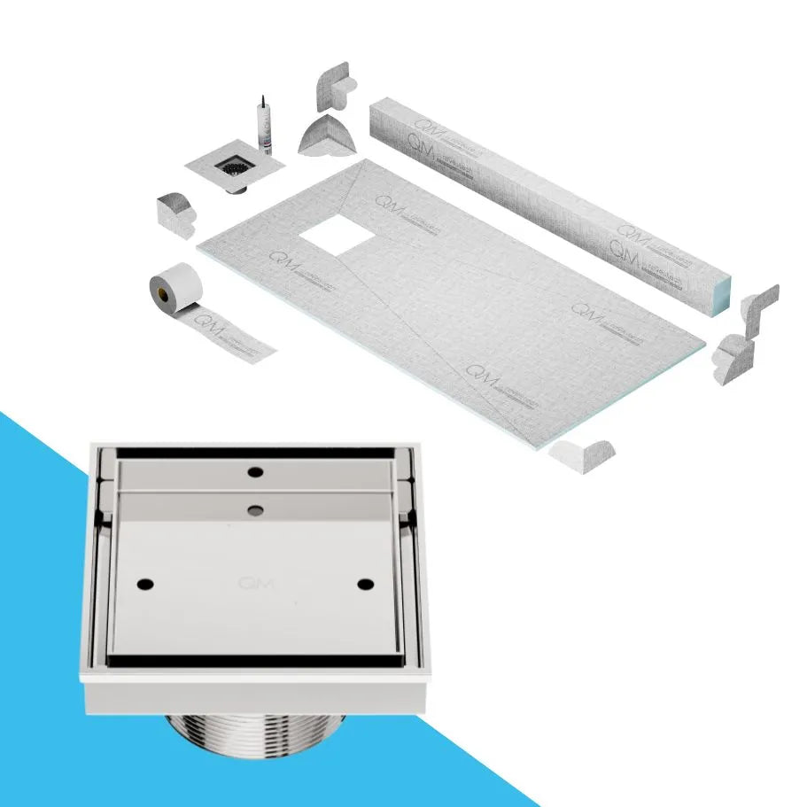 QM Drain Curb Shower Pan with Delmar Mist Tile-In Off-Center Square Drain, stainless-steel grate integrating bathroom tile seamlessly, minimalist aesthetics, available in Satin, Gold, Bronze, Polished, and Black.