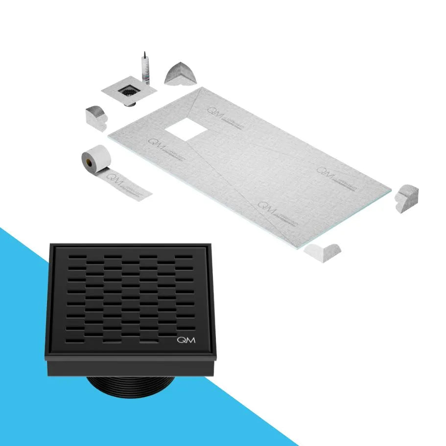 QM Drain Curbless Shower Pan with Delmar Delta Off Center Square Drain, featuring a stainless-steel square-pattern grate for modern, efficient drainage, available in premium Satin, Gold, Bronze, Polished, and Black finishes.