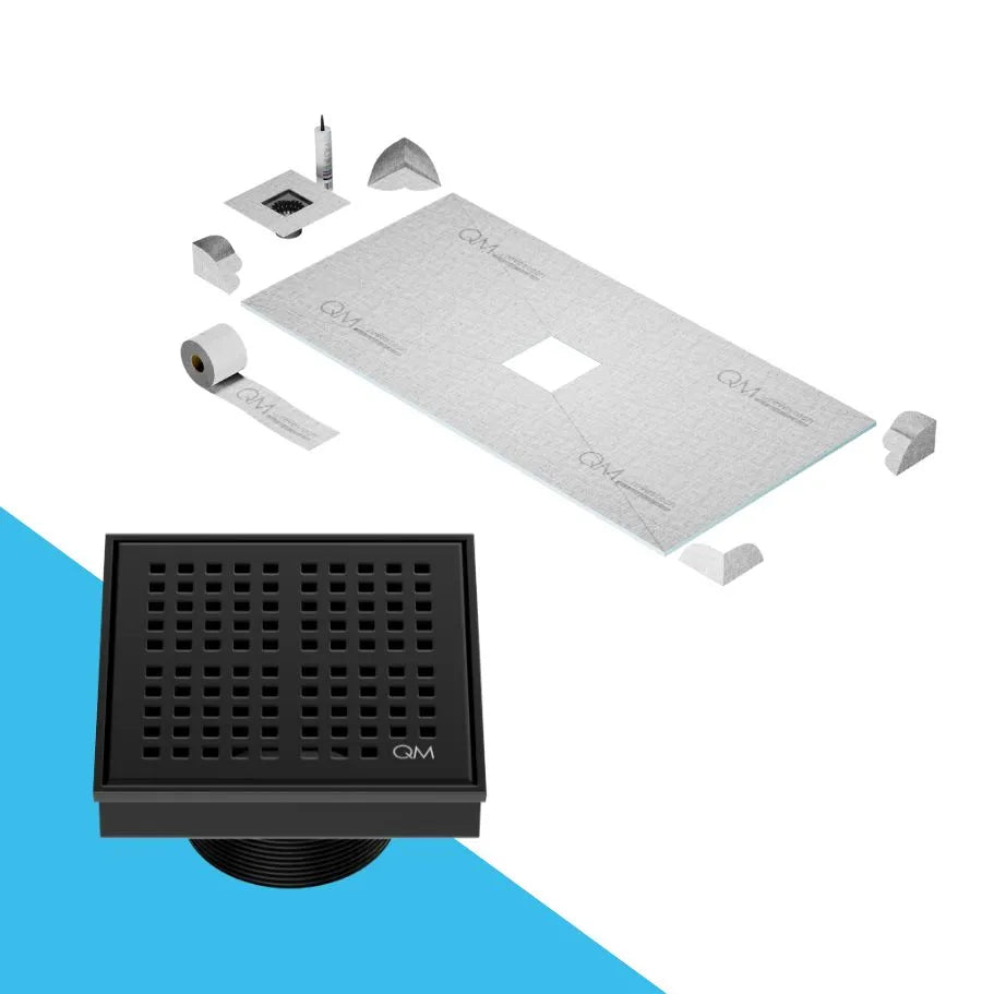 QM Drain Curbless Shower Pan with Delmar Kai Center Square Drain, stainless-steel grate with fine square perforations, sleek and contemporary, ensuring efficient drainage in Satin, Gold, Bronze, Polished, and Black finishes.