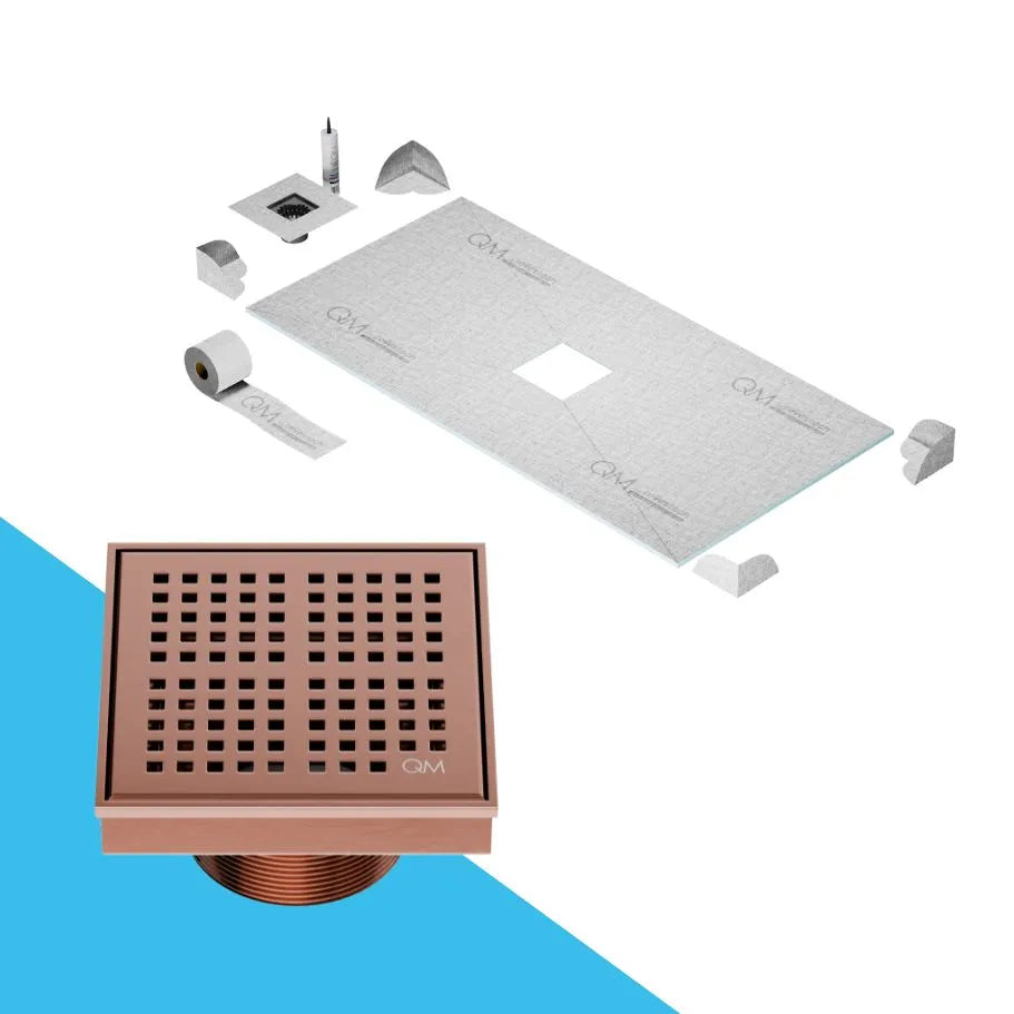 QM Drain Curbless Shower Pan with Delmar Kai Center Square Drain, stainless-steel grate with fine square perforations, sleek and contemporary, ensuring efficient drainage in Satin, Gold, Bronze, Polished, and Black finishes.