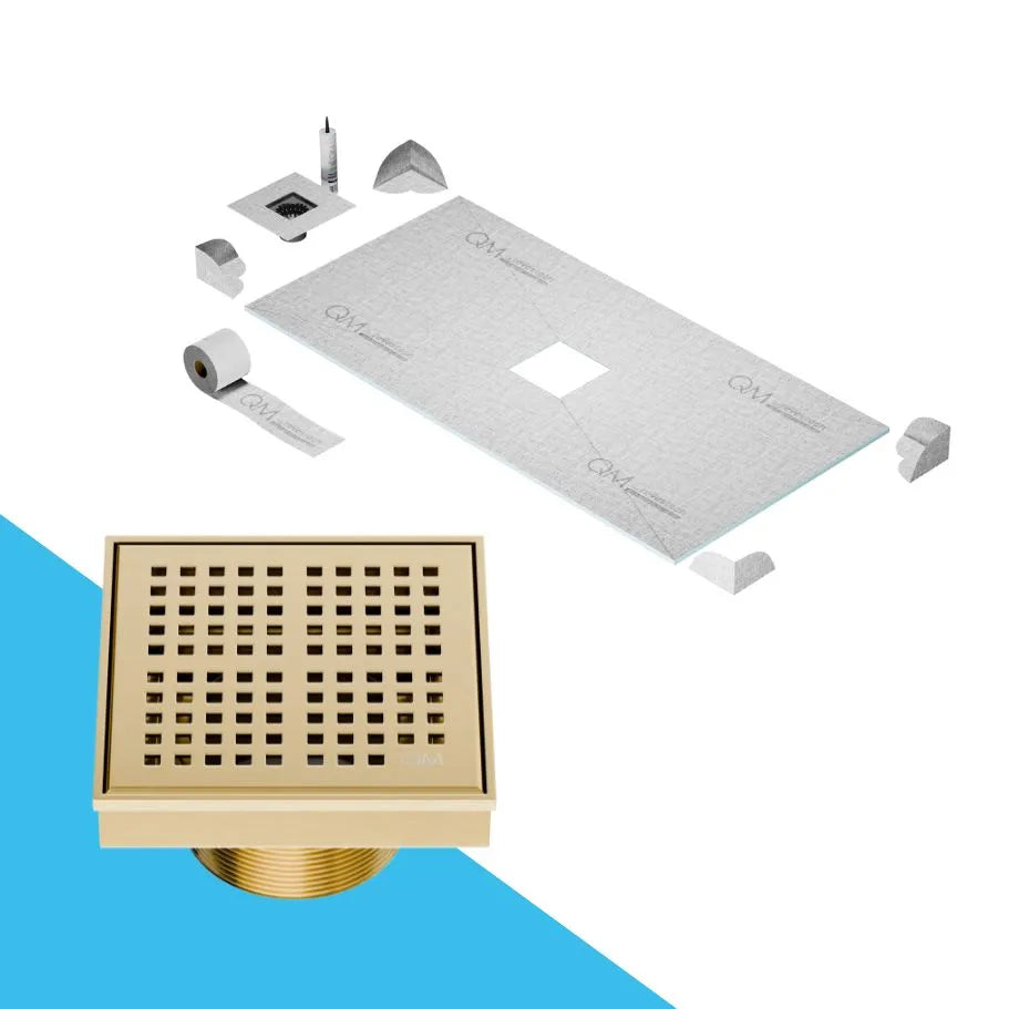 QM Drain Curbless Shower Pan with Delmar Kai Center Square Drain, stainless-steel grate with fine square perforations, sleek and contemporary, ensuring efficient drainage in Satin, Gold, Bronze, Polished, and Black finishes.