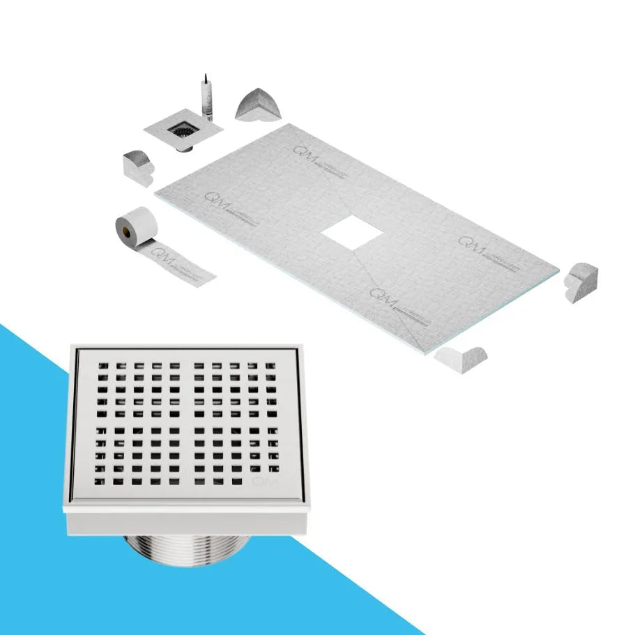 QM Drain Curbless Shower Pan with Delmar Kai Center Square Drain, stainless-steel grate with fine square perforations, sleek and contemporary, ensuring efficient drainage in Satin, Gold, Bronze, Polished, and Black finishes.
