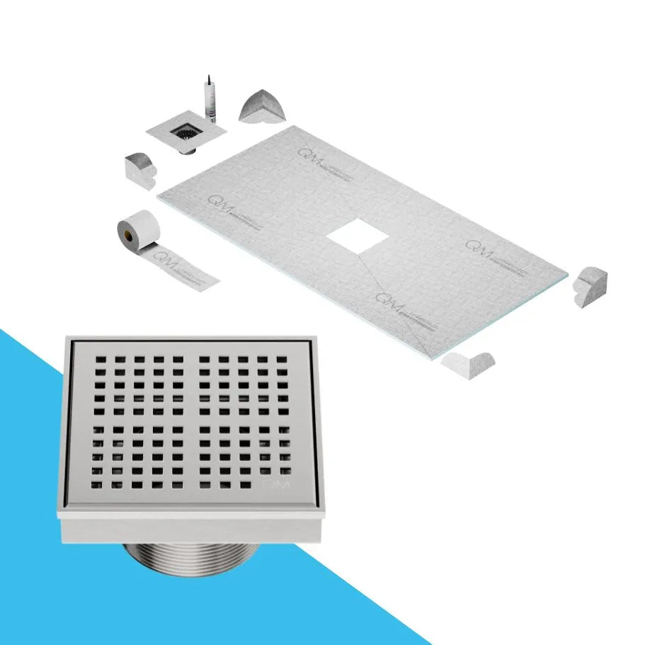 QM Drain Curbless Shower Pan with Delmar Kai Center Square Drain, stainless-steel grate with fine square perforations, sleek and contemporary, ensuring efficient drainage in Satin, Gold, Bronze, Polished, and Black finishes.