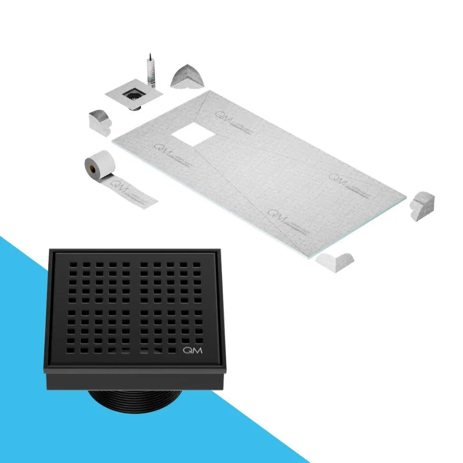 QM Drain Curbless Shower Pan with Delmar Kai Off Center Square Drain, stainless-steel grate with fine square perforations, sleek and contemporary, ensuring efficient drainage in Satin, Gold, Bronze, Polished, and Black finishes.