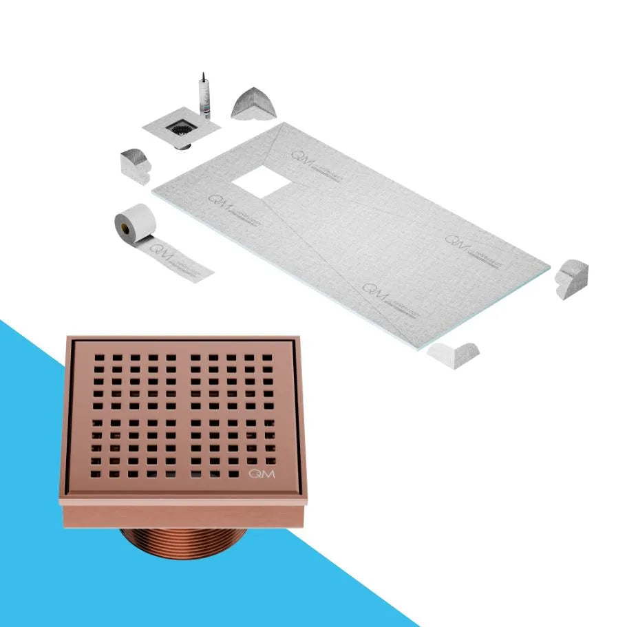 QM Drain Curbless Shower Pan with Delmar Kai Off Center Square Drain, stainless-steel grate with fine square perforations, sleek and contemporary, ensuring efficient drainage in Satin, Gold, Bronze, Polished, and Black finishes.