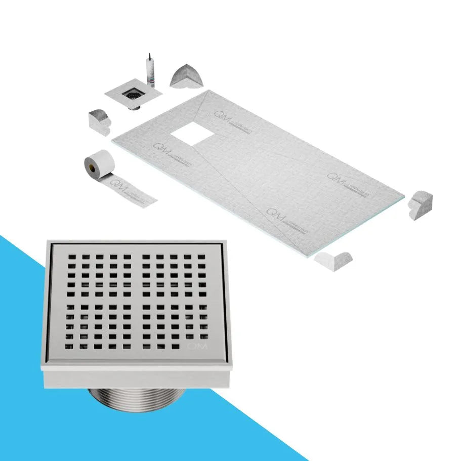 QM Drain Curbless Shower Pan with Delmar Kai Off Center Square Drain, stainless-steel grate with fine square perforations, sleek and contemporary, ensuring efficient drainage in Satin, Gold, Bronze, Polished, and Black finishes.