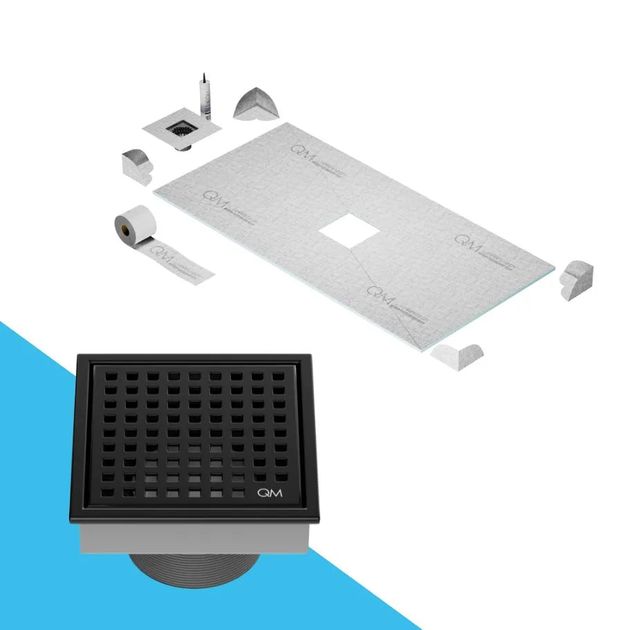 QM Drain Curbless Shower Pan with Lagos Mira Center Square Drain, stainless-steel fine-perforated grate, providing effective water drainage, contemporary design, available in Satin, Gold, Bronze, Polished, and Black.